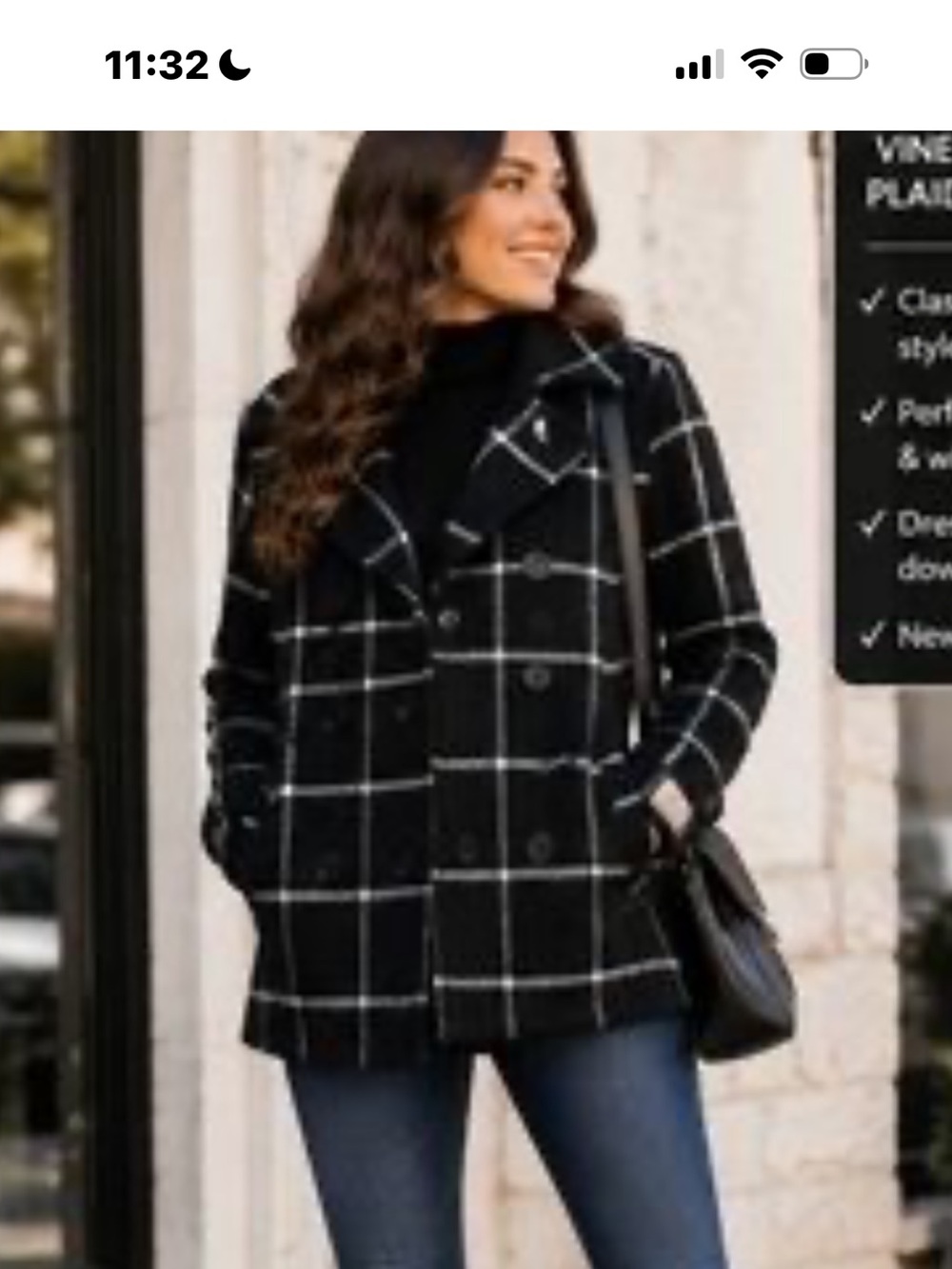 Vine $ Valley Black Windowpane Belted Peacoat with Double-Breasted Front  SZ. L